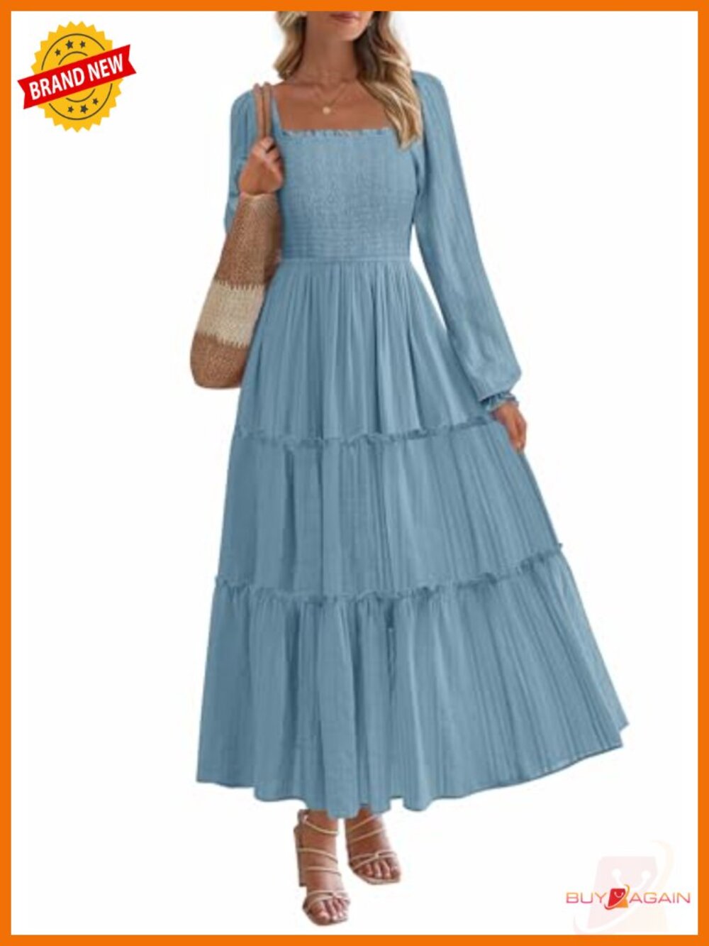 Women's Long Sleeve Smocked Maxi Dress Ruffle A-Line Cotton